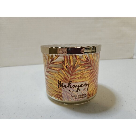 Bath Body Works MAHOGANY COCONUT 3 Wick Candle 14.5 Jar Fern Leaf Print - Picture 1 of 5